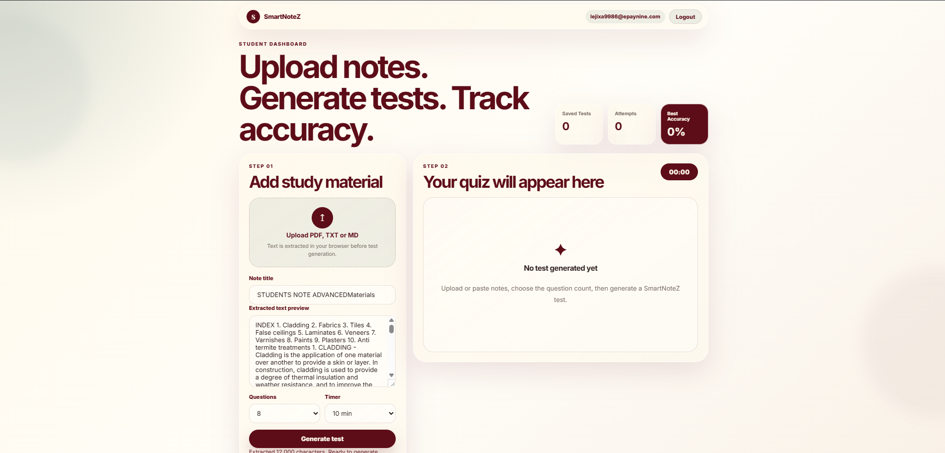 Step 01: Adding study material with extracted text preview